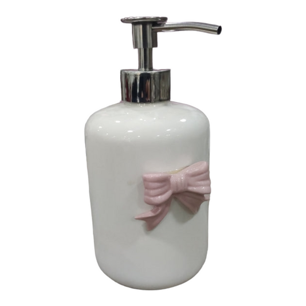 Dispenser portasapone con fiocchetto rosa in porcellana di Capodimonte