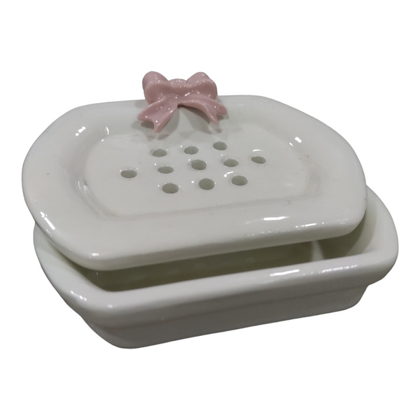 Portasapone con fiocchetto rosa in porcellana di Capodimonte