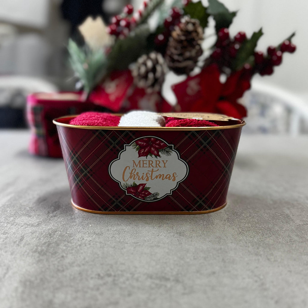 Cestino porta lavette Noël in latta bordeaux tartan – vista originale