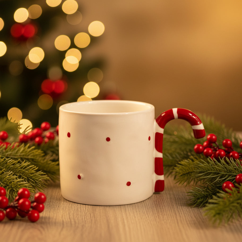 Mug Natalizio con Bastoncino di Zucchero – Tazza da Latte in Ceramica