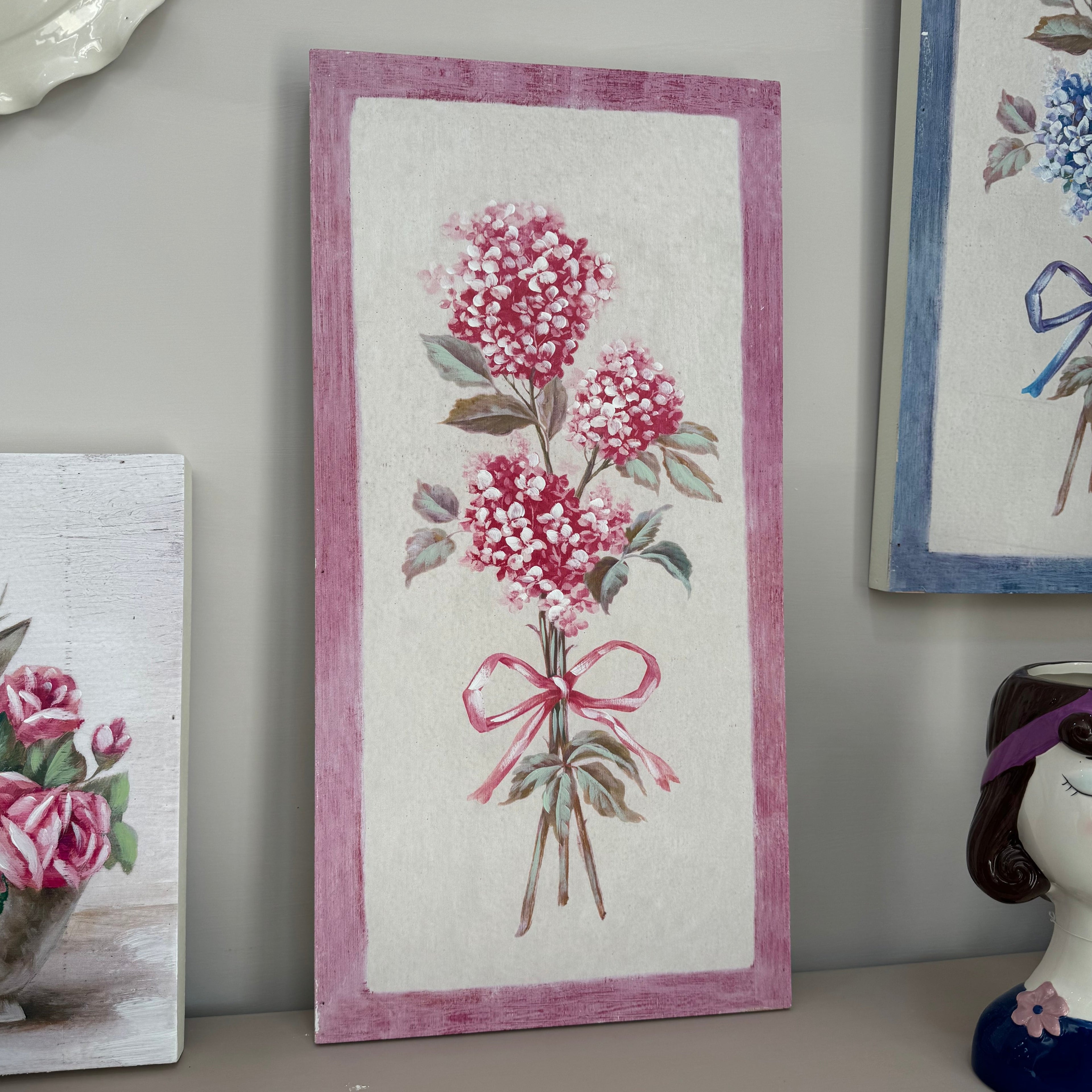 Quadro Ortensia Dipinto a Mano in MDF – Arte Shabby Chic 30x60 cm
