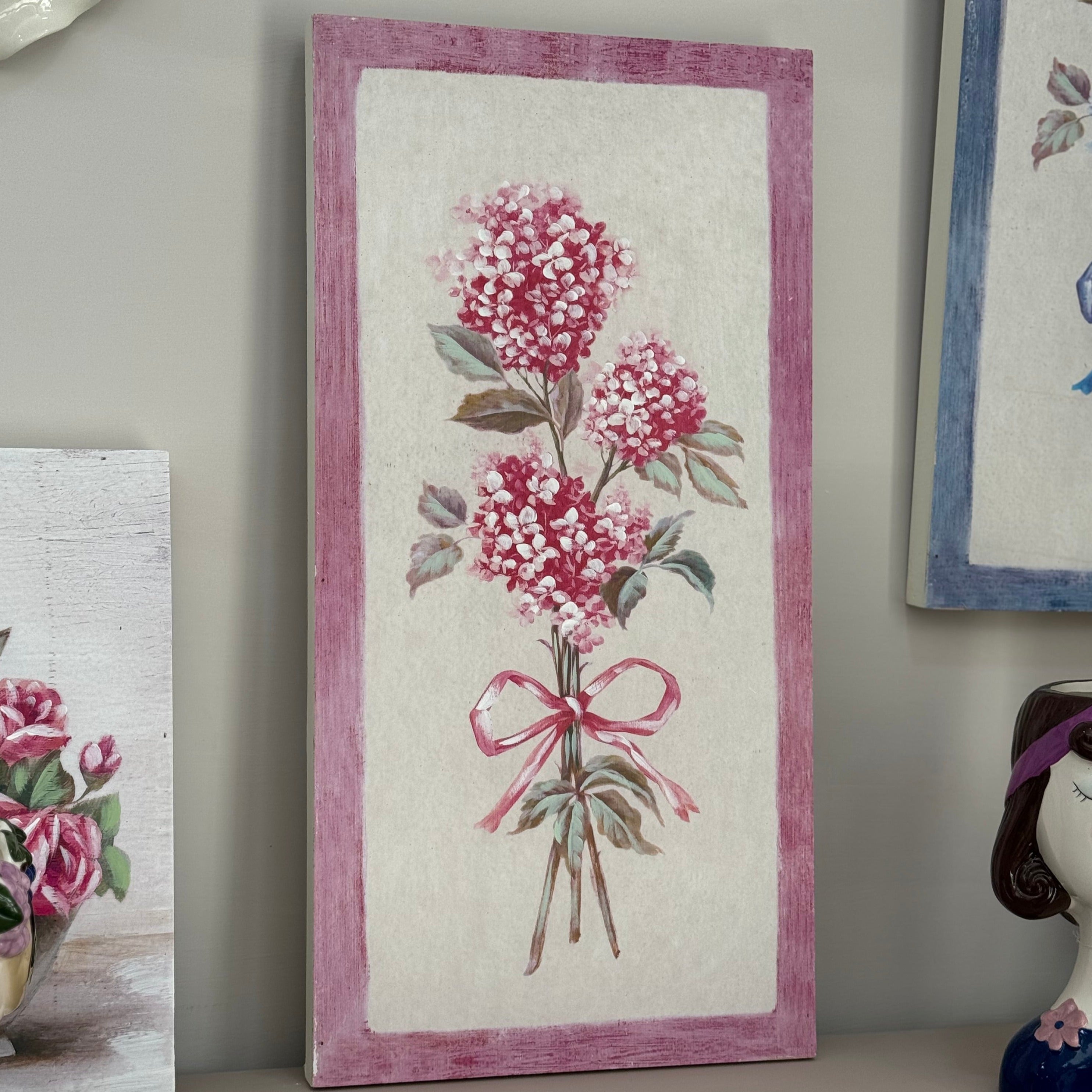 Quadro Ortensia Dipinto a Mano in MDF – Arte Shabby Chic 30x60 cm