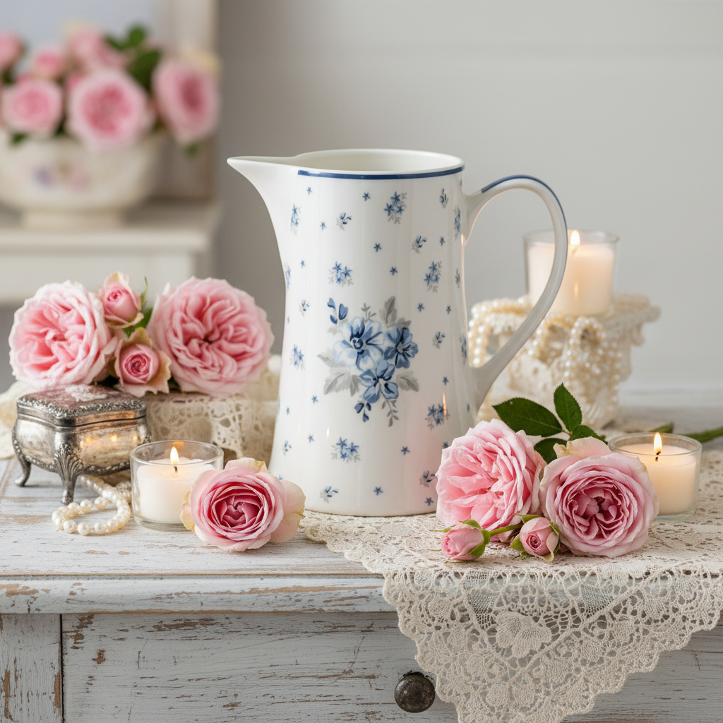 Brocca in ceramica bianca shabby chic con fiorellini celesti - L'Arte di Nacchi