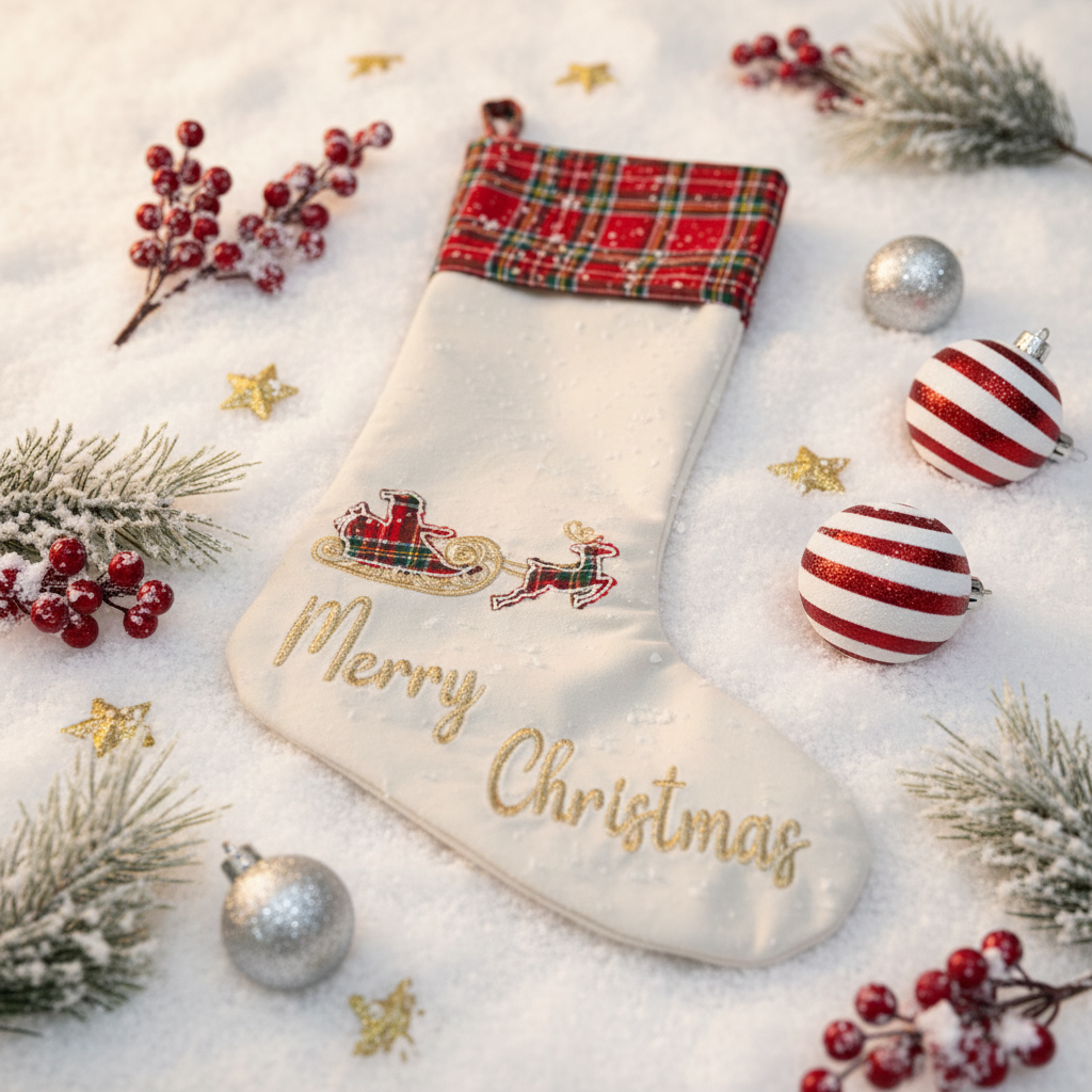 Calza di Natale bianca Merry Christmas flat lay con decorazioni natalizie