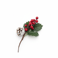 Decorazione natalizia artificiale rametto con pigna innevata, bacche rosse lucide e foglie di agrifoglio verde, 20 cm