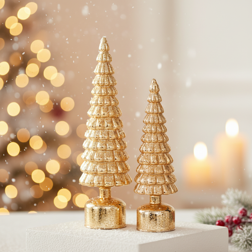 Alberi di Natale in vetro dorato rotanti e luminosi - set 2 pezzi