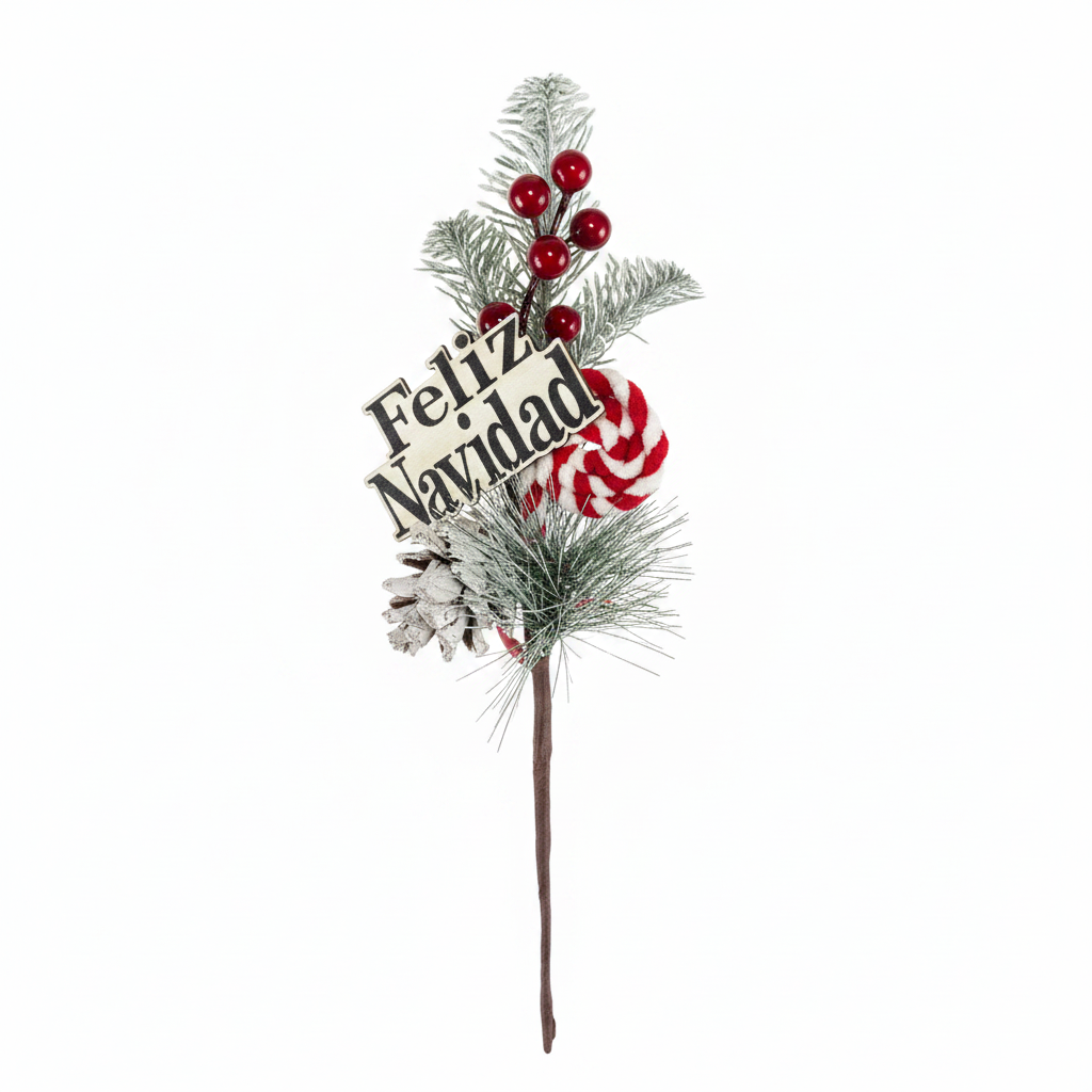 Decorazione natalizia artificiale rametto con lollipop rosso bianco, pigne innevate, bacche rosse e tag Feliz Navidad, 20 cm