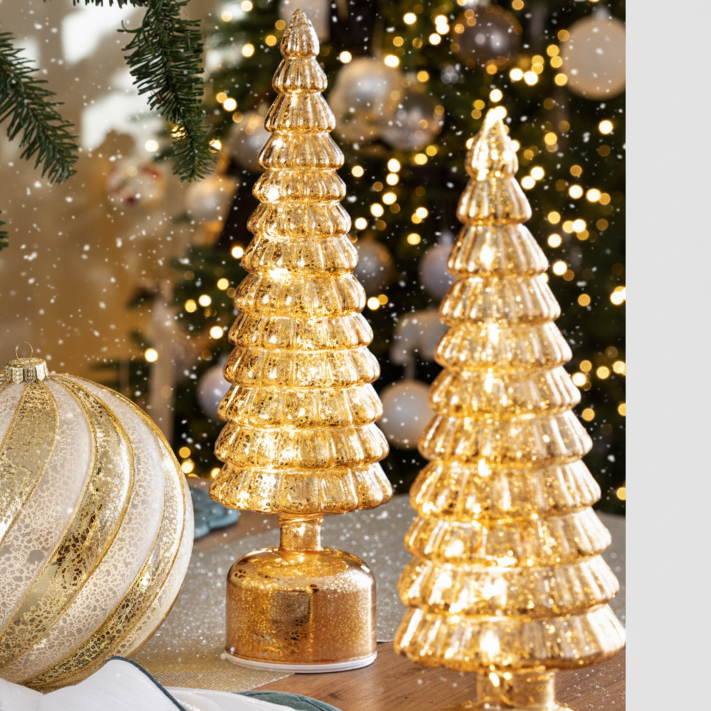 Alberi di Natale in vetro dorato rotanti e luminosi - scena natalizia