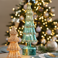 Albero di Natale in vetro rotante con luci verdi e decorazioni multicolori