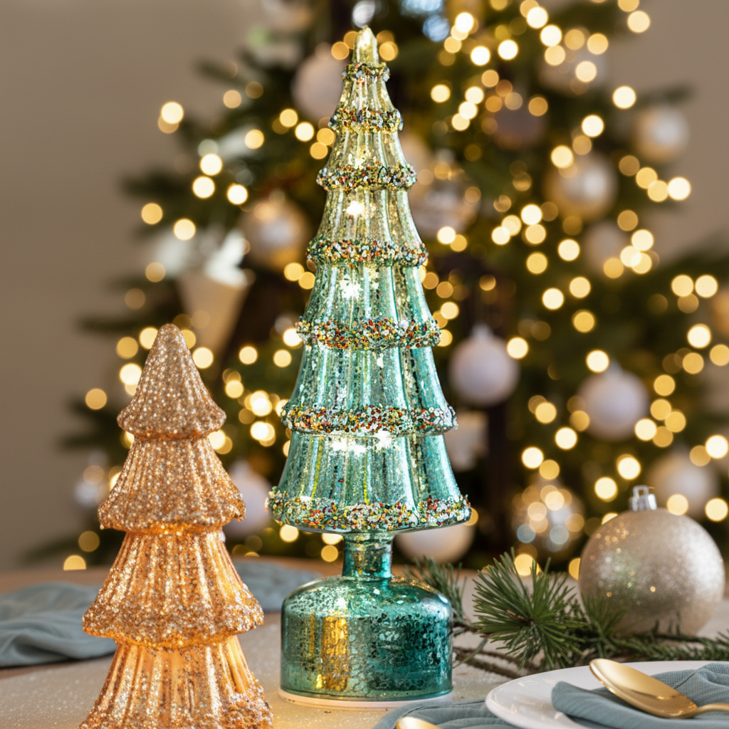 Albero di Natale in vetro rotante con luci verdi e decorazioni multicolori