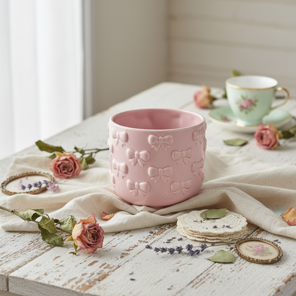 Cachepot in ceramica rosa con decorazioni a rilievo in contesto shabby chic