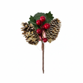 Decorazione natalizia artificiale rametto con due pigne dorate glitter, bacche rosse lucide e foglie di agrifoglio verde, 20 cm