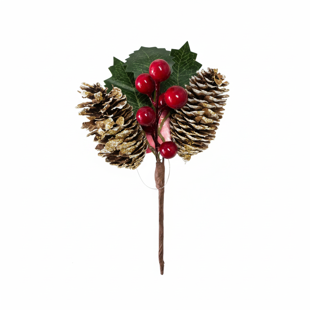 Decorazione natalizia artificiale rametto con due pigne dorate glitter, bacche rosse lucide e foglie di agrifoglio verde, 20 cm