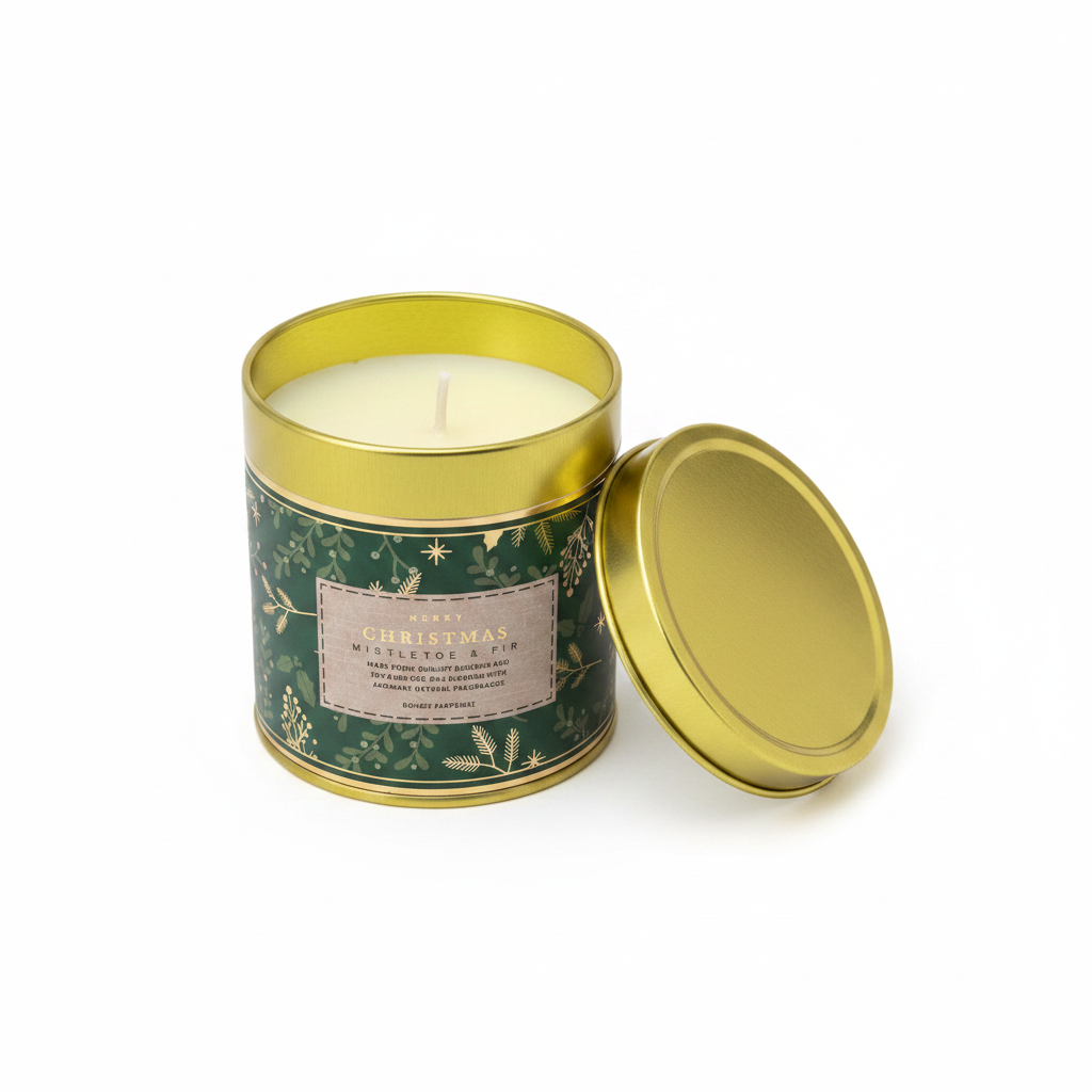 Candela Natalizia Mistletoe & Fir – barattolo verde con coperchio dorato