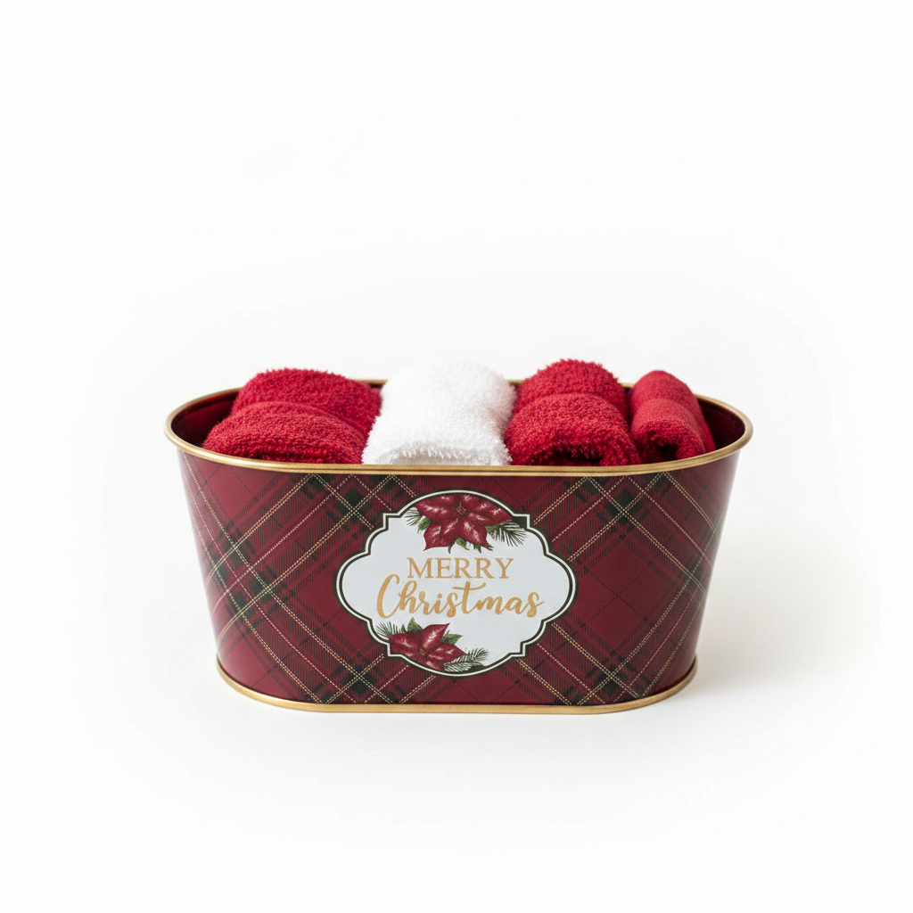 Cestino porta lavette natalizio in latta bordeaux tartan Merry Christmas con bordo dorato e 3 lavette incluse