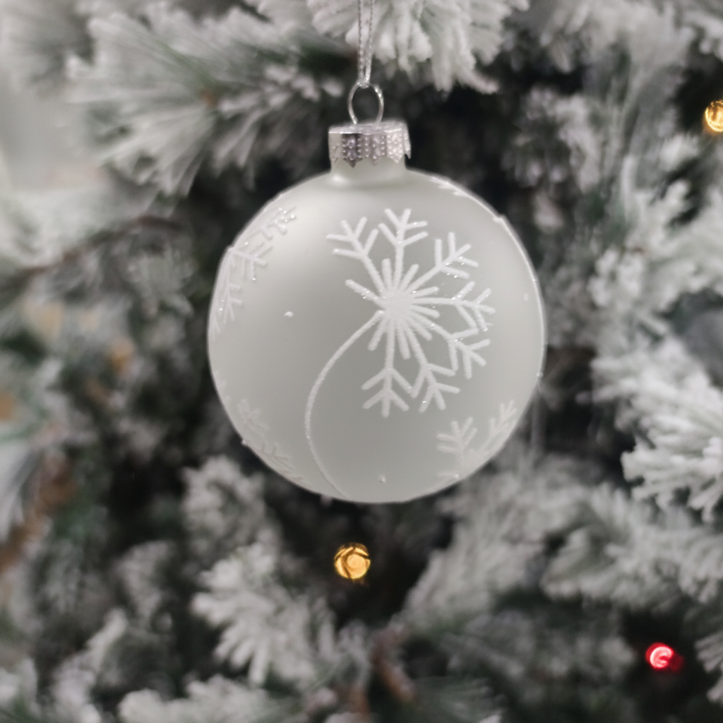 Pallina Vetro Decorata a Mano Natale Bianco Ø 8 cm – Ninocco Home