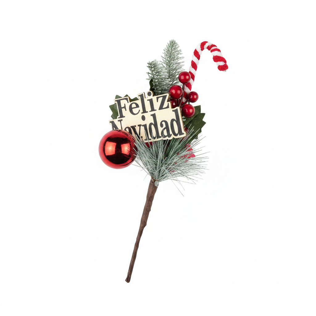 Decorazione natalizia artificiale rametto con candy cane, bacche rosse, pino innevato, pallina rossa e tag Feliz Navidad, 20 cm
