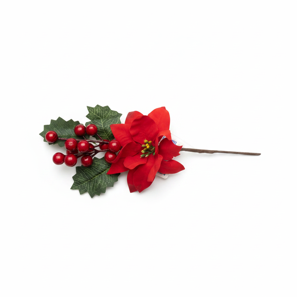 Decorazione natalizia artificiale con stella di Natale rossa e bacche rosse su foglie di agrifoglio verde, 20 cm
