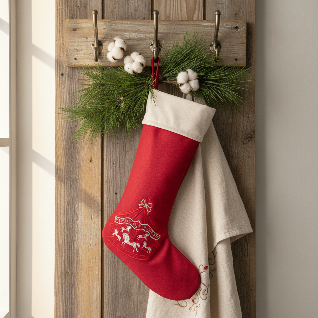 Calza di Natale rossa con giostra ricamata appesa in stile shabby chic
