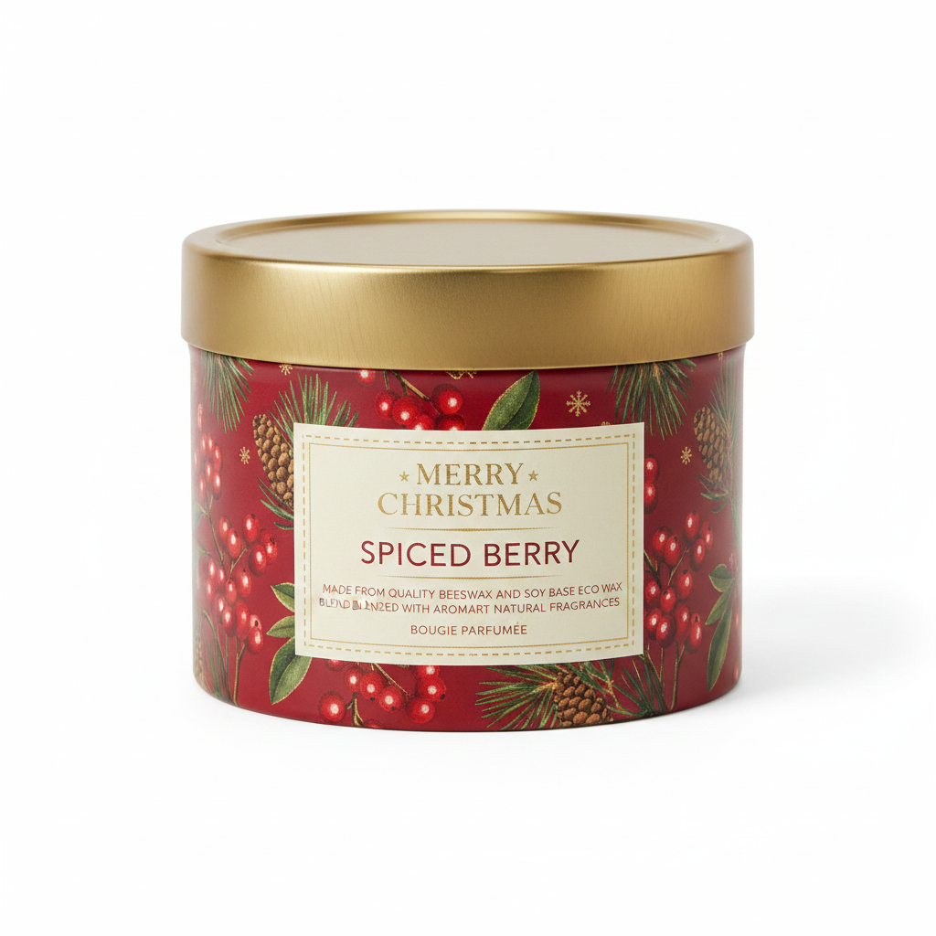 Candela Natalizia Spiced Berry – barattolo rosso con coperchio dorato