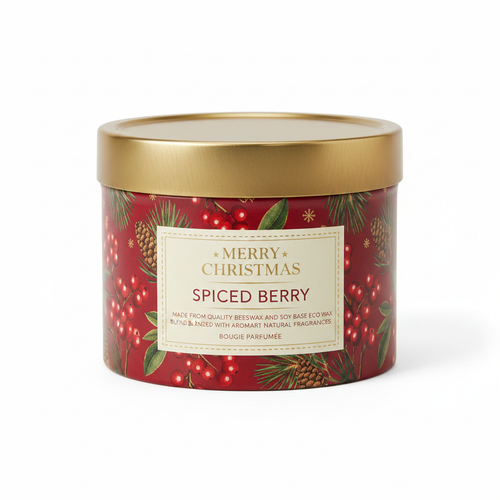 Candela Natalizia Spiced Berry – barattolo rosso con coperchio dorato
