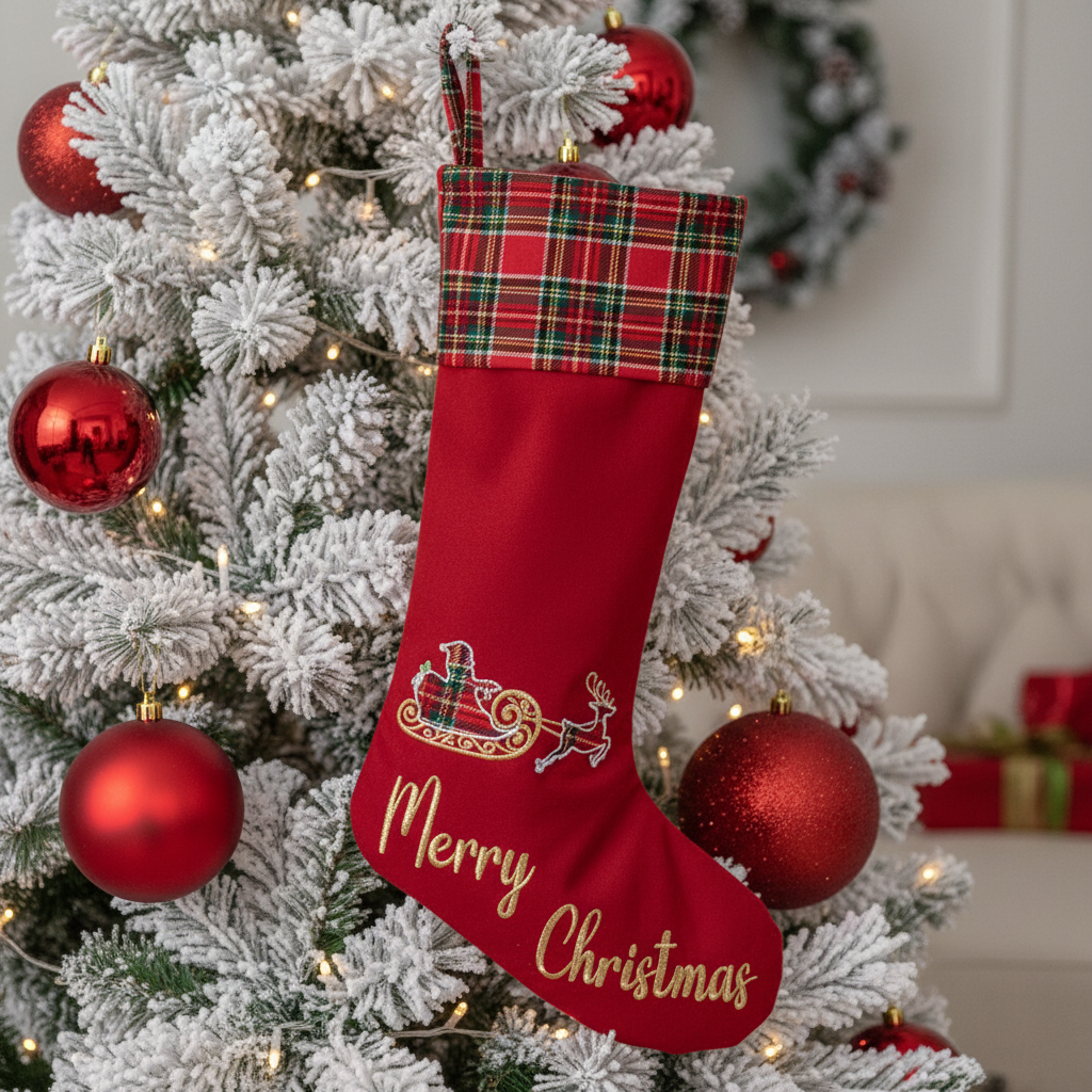 Calza di Natale rossa Merry Christmas con risvolto tartan sull'albero