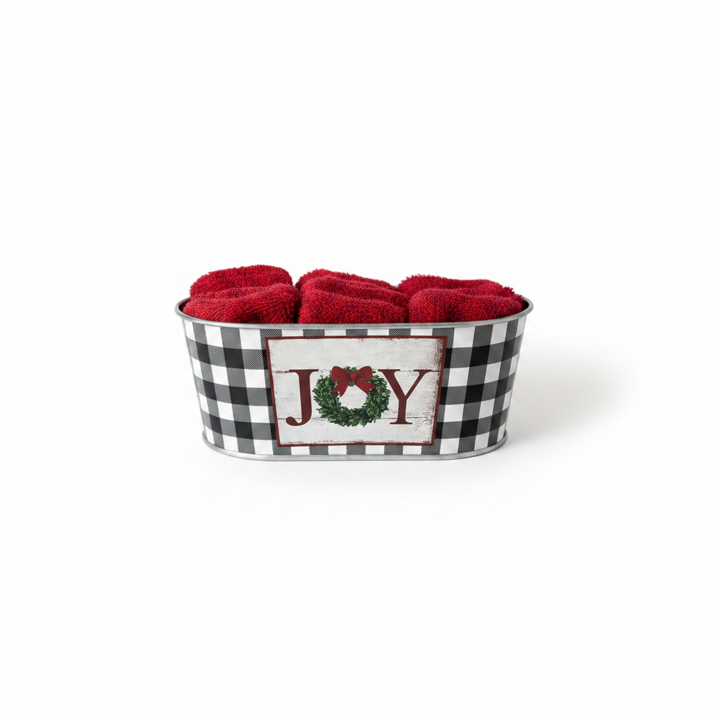 Cestino porta lavette natalizio in latta bianco e nero buffalo check con scritta JOY e 3 lavette rosse incluse