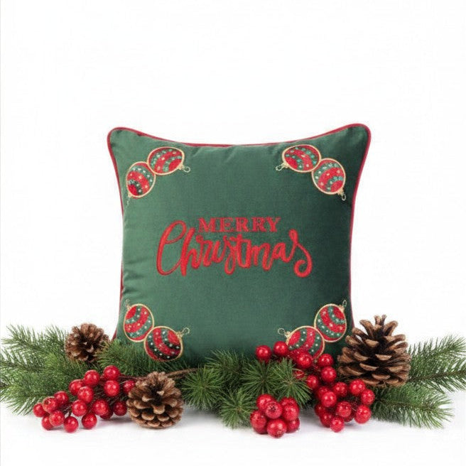 Cuscino Natalizio Merry Christmas con Ricamo a Rilievo Verde – 45x45 Sfoderabile con Imbottitura