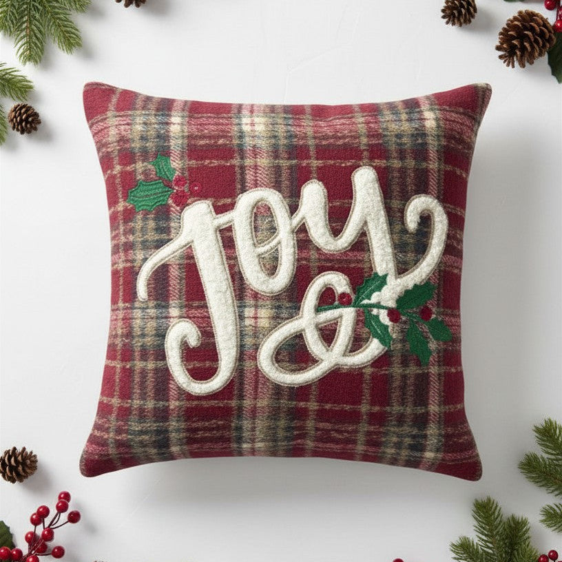 Cuscino Tartan Vintage con Ricamo Joy 45x45 cm – Imbottitura Inclusa