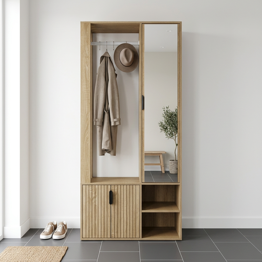 Mobile Ingresso 80x30x180 con Anta a Specchio, Appendiabiti e Ante Cannettate – Colore Rovere