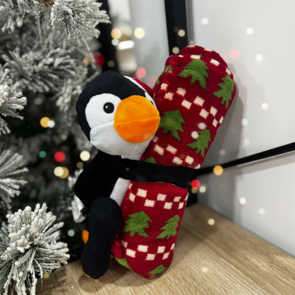 Pinguino peluche con copertina natalizia - vista 2