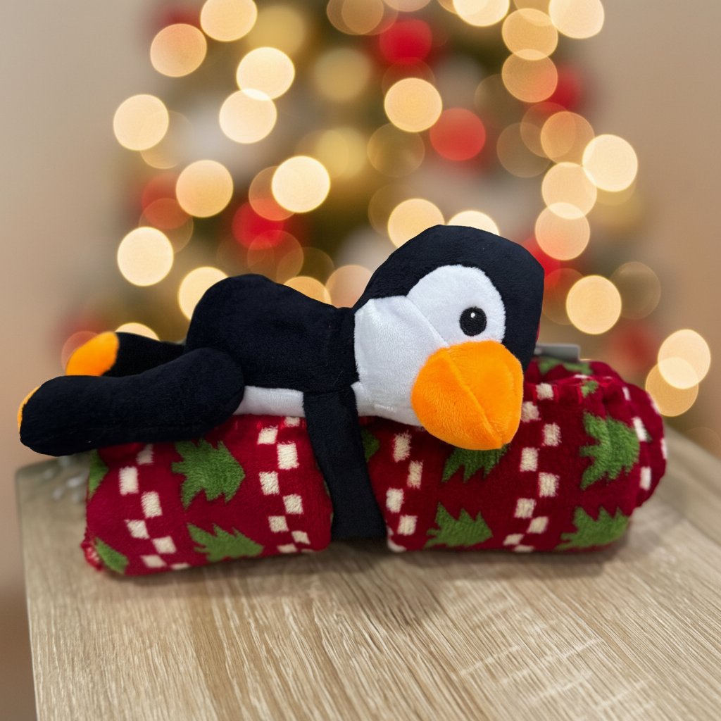 Pinguino peluche con copertina natalizia - vista 3