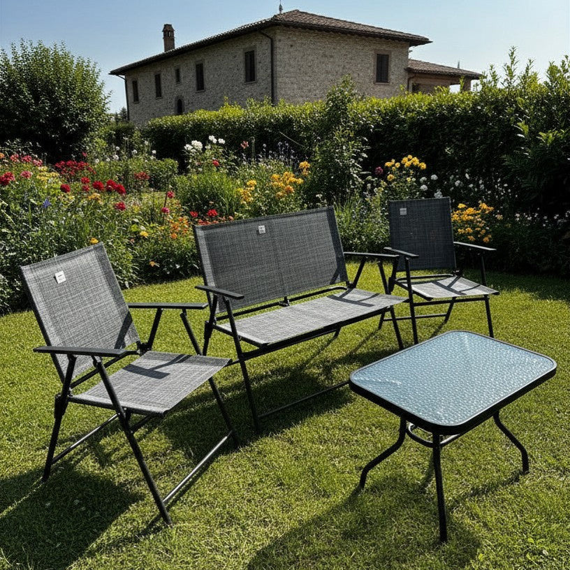 Set da Giardino in Textilene Grigio – Pieghevole con Tavolino in Vetro