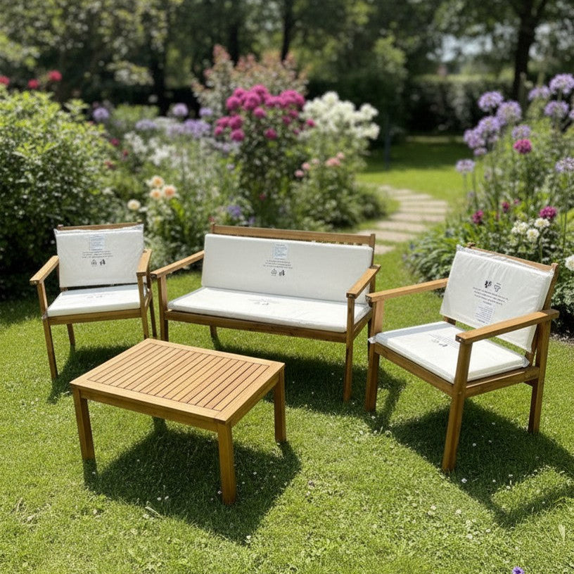 Set da Giardino in Legno Naturale con Cuscini