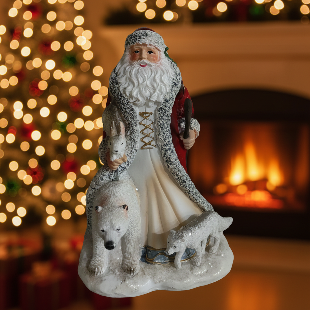 Statuina Babbo Natale con Lupi Bianchi - Sfondo Natalizio