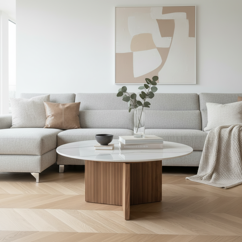 Tavolino da Salotto Piano in Gres Effetto Marmo e Base Cannettata
