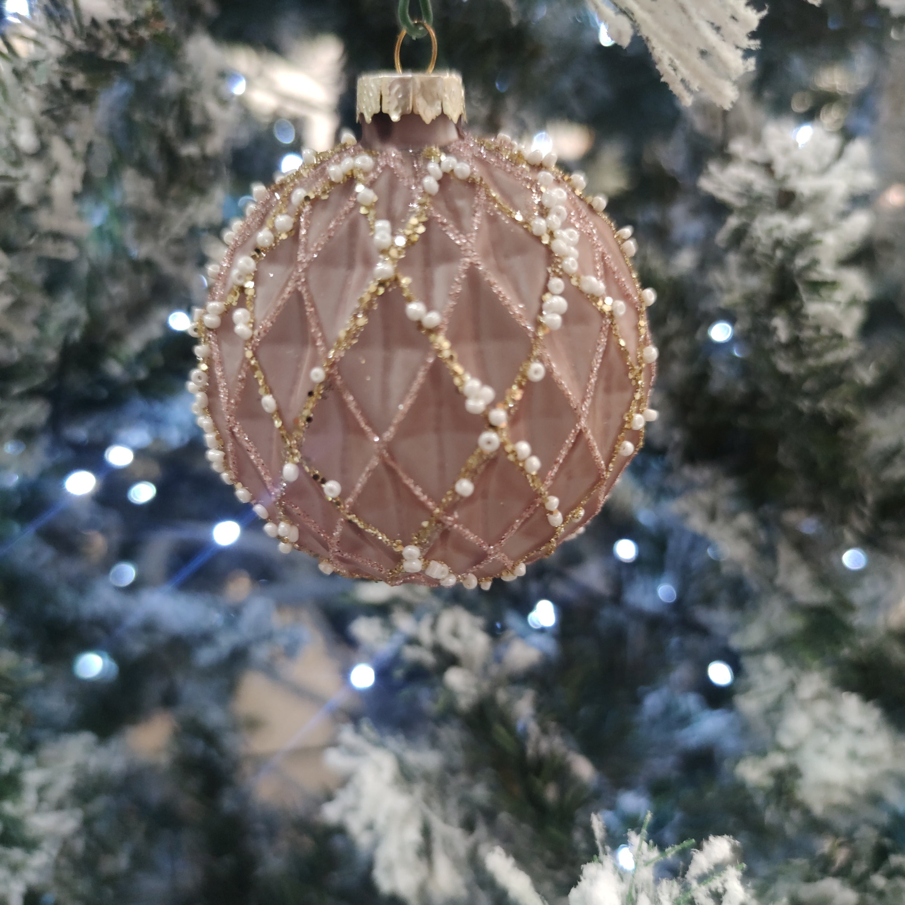 Pallina di Natale in Vetro Decorata a Mano – Rosa Antico