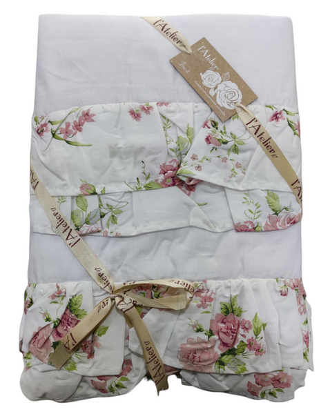 L'atelier 17 set lenzuola matrimoniale "Brest" bianco con balza a fiori